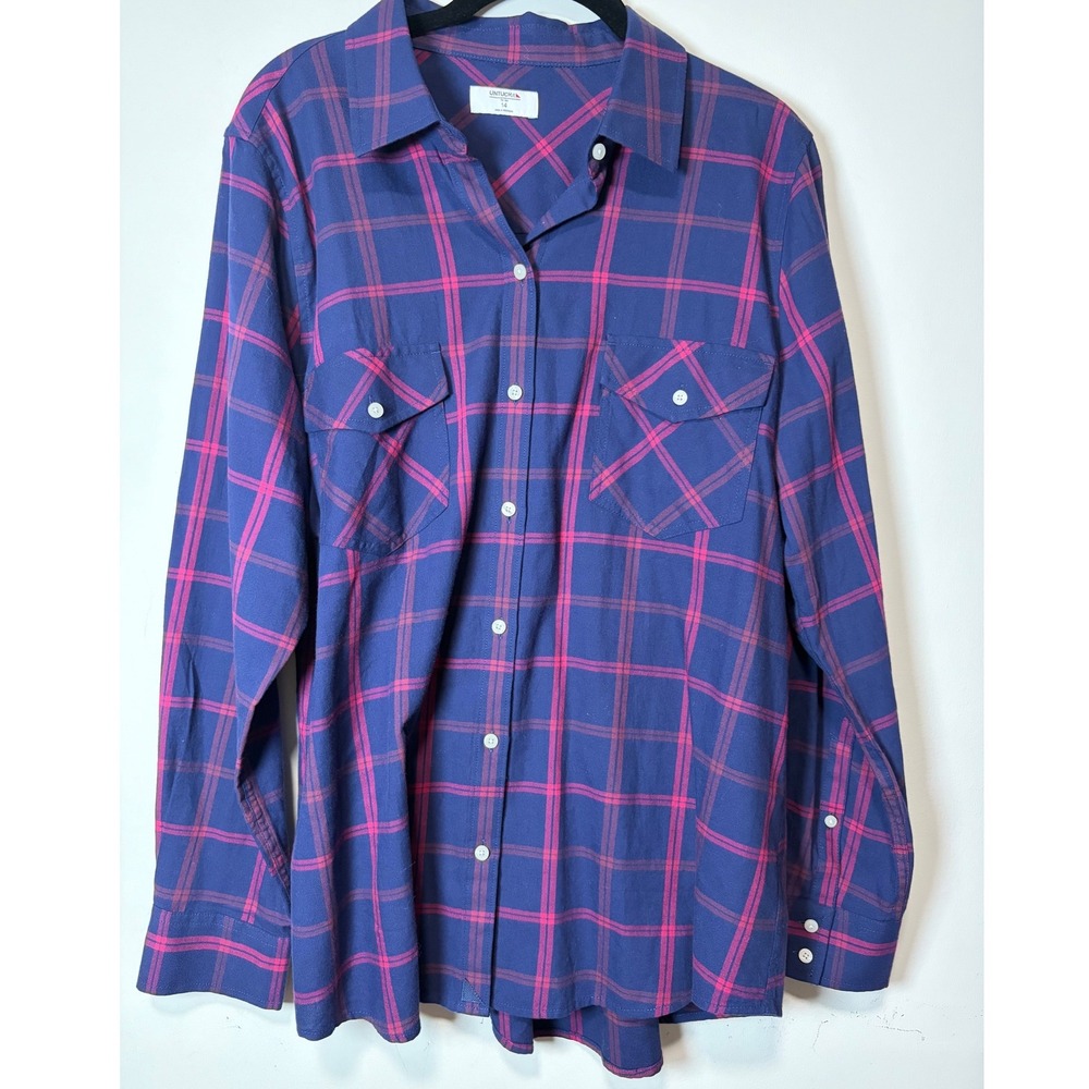 UNTUCKit for Her Hayden Navy Pink Plaid Cotton Button Down Shirt Womens 14 40192